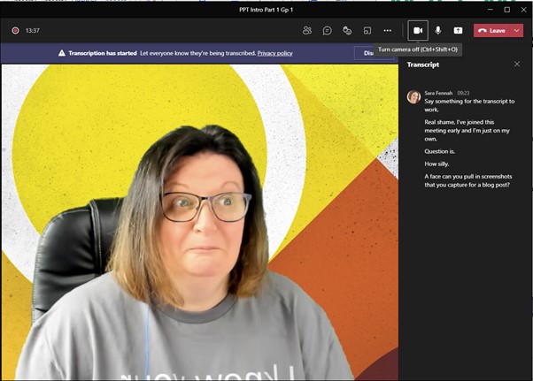 Attendee with silly face next to transcript running in side pane