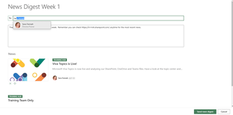To demonstrate the appearance the News digest composition page this image shows the News digest composition page including search for user in the to box. additional text in the message box and the chosen news posts for the digest