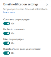 To reinforce the options for notifications this image shows the email notifications screen including options for notifications of comments on your pages, replies to comments, likes on your pages and digests of news posts you've missed.