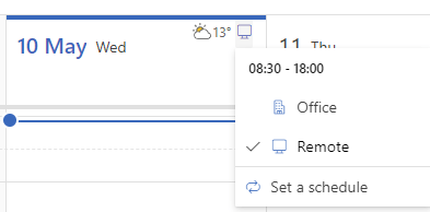 Screenshot of the set location dialog from Outlook for web showing different icon for remote as described in the text.