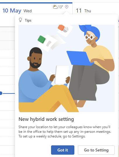 Screenshot of the hybrid work dialog. Text on the dialog is described in the article text.