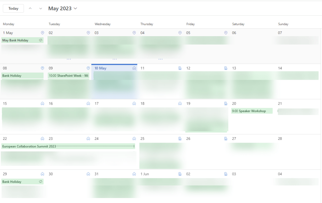 Screenshot of calendar for May 2023 with event details blurred out to focus attention on the location icons showing in each weekday date header from 10th May