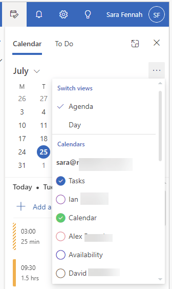 screenshot of the more actions menu after clicking show all with tasks and additional calendars available to select