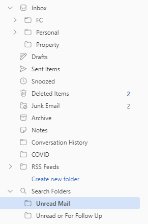 Screenshot of list of normal Outlook folders showing Search Folders at the bottom expanded. There are currently two search folders available in the pictured mailbox, Unread Mail and Unread or for Follow Up