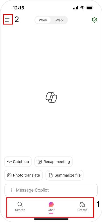 Simplified Microsoft 365 mobile app screen showing bottom navigation with 3 buttons (labled 1) and 3 line or hamburger menu in top right labled 2.