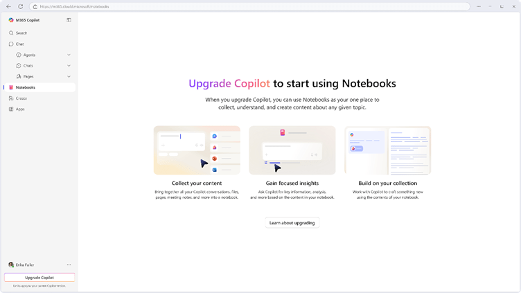 Copilot Notebooks page showing the message "Upgrade Copilot to start using Notebooks"